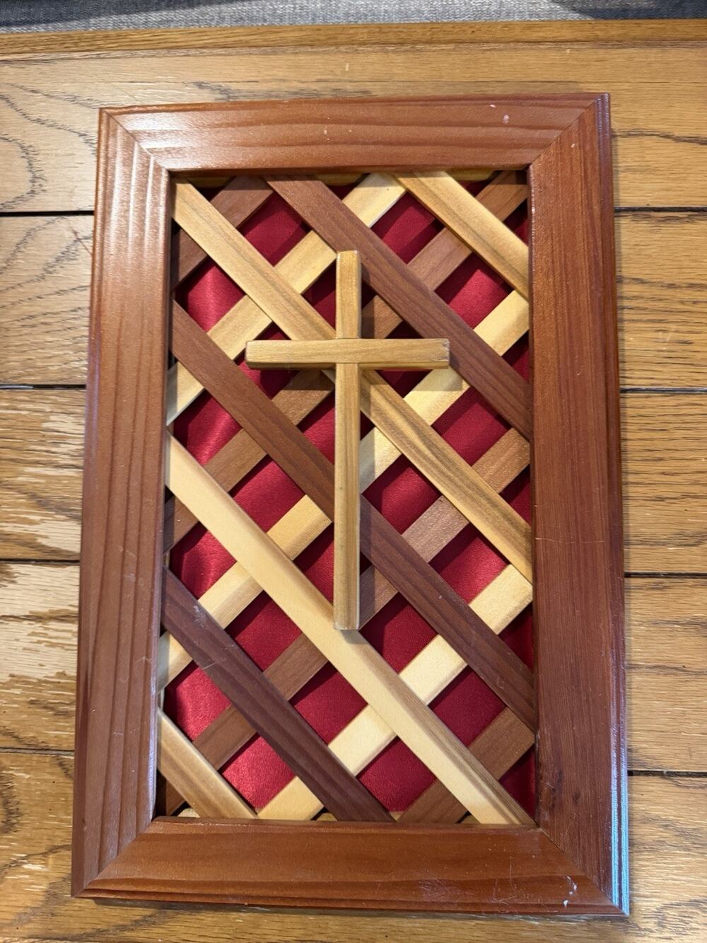 Handmade Woven Wood Lattice Cross Wall Art 9x14 Religious Folk Decor Vintage